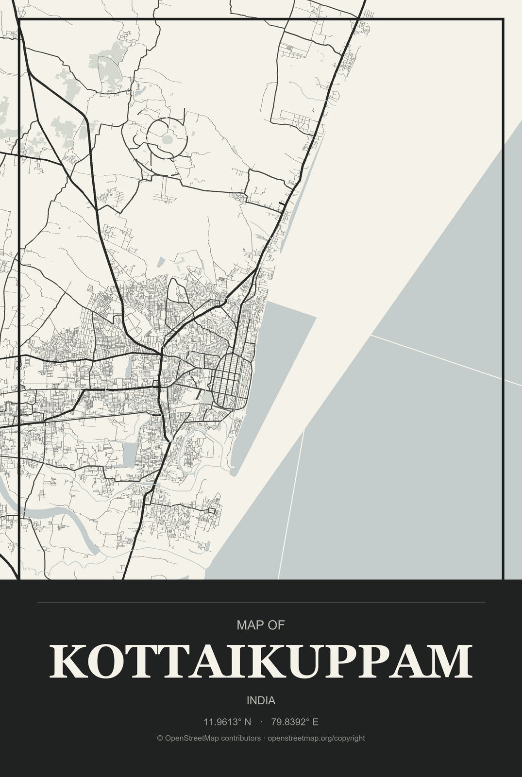 Kottaikuppam, India City Map Aluminum Sign in Museum Plaque style