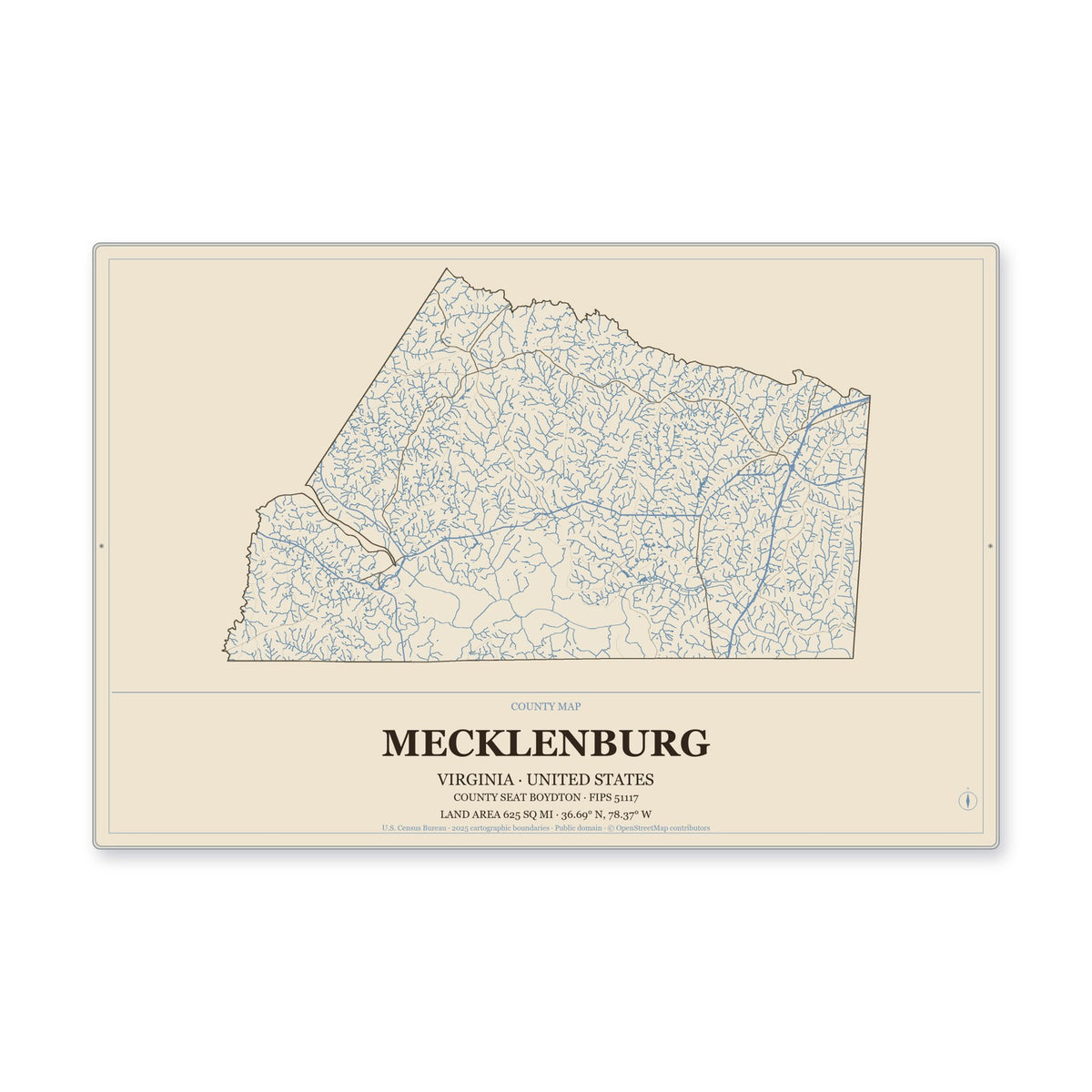 Mecklenburg County, Virginia Map Aluminum Sign in Heritage Nautical style