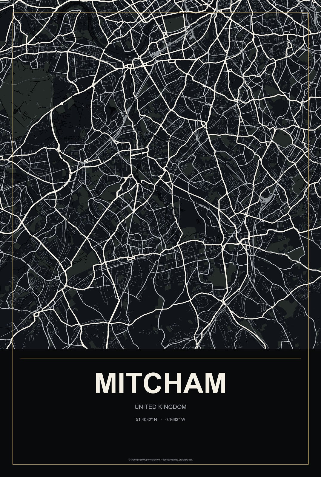 Mitcham, United Kingdom City Map Aluminum Sign in Metropolitan Noir style