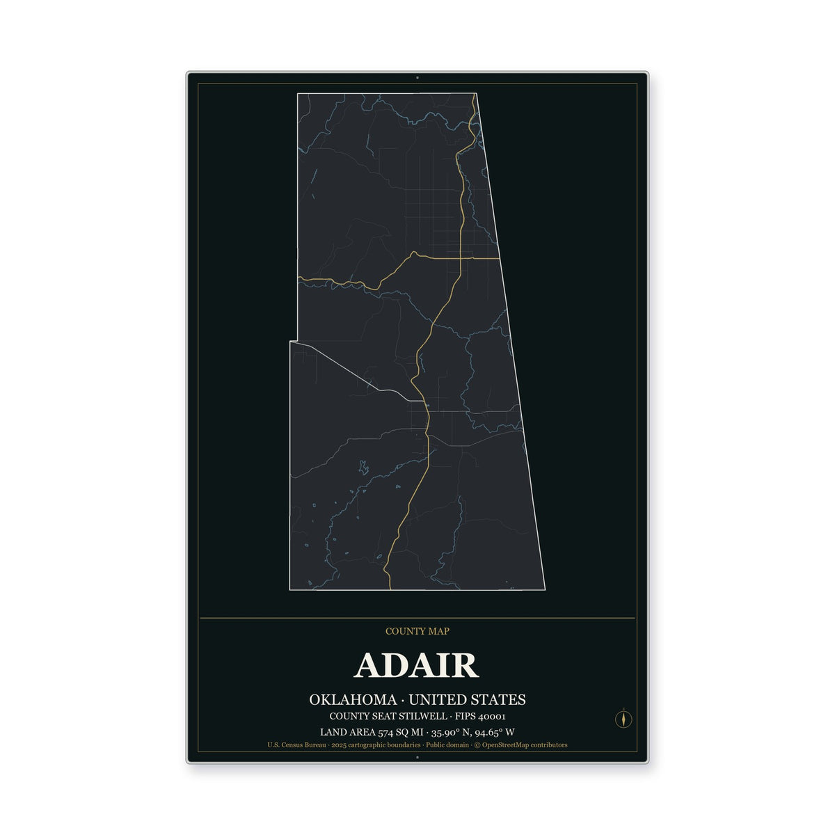 Adair County, Oklahoma Map Aluminum Sign in Metropolitan Noir style
