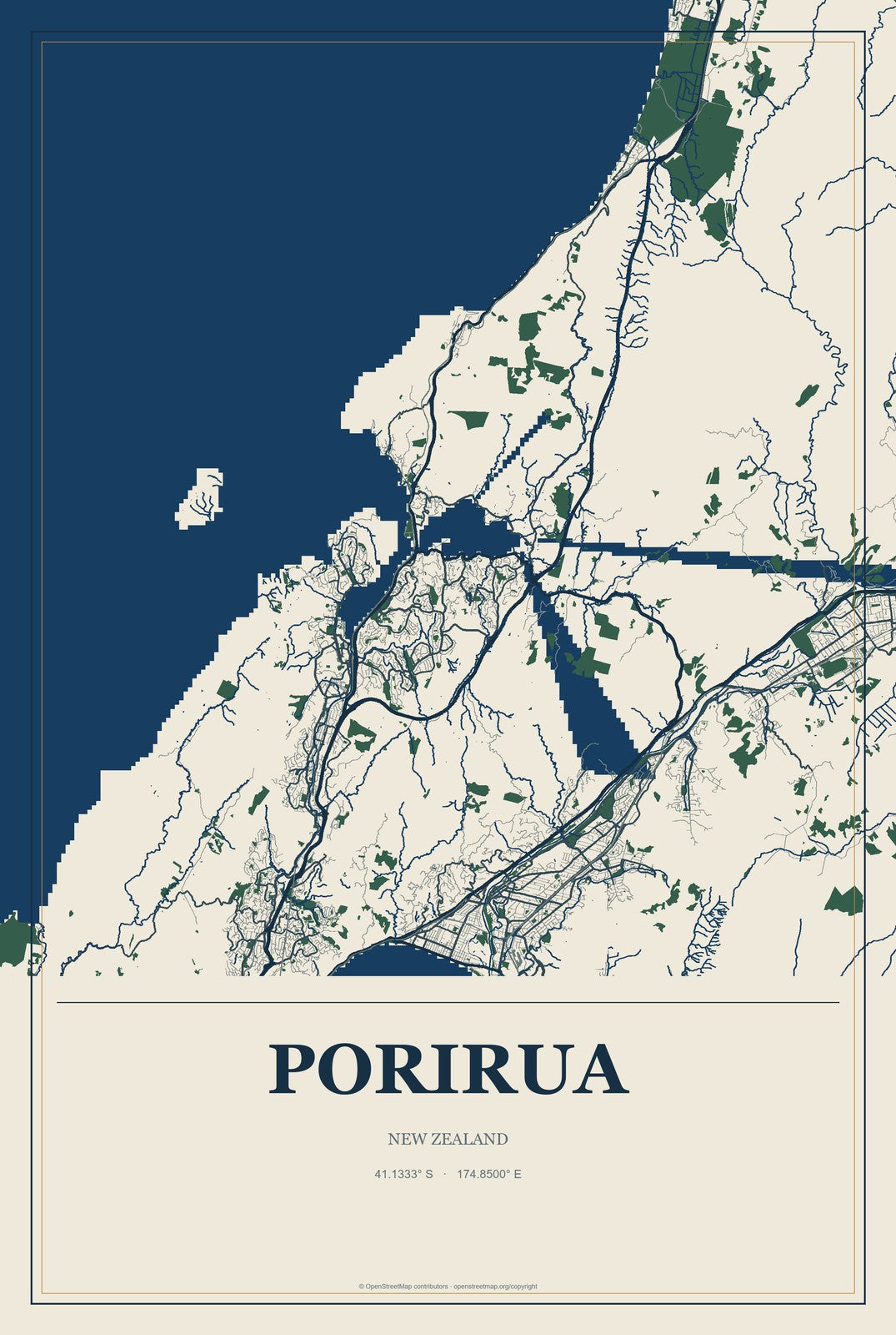 Porirua, New Zealand City Map Aluminum Sign in Coastal Cutout style