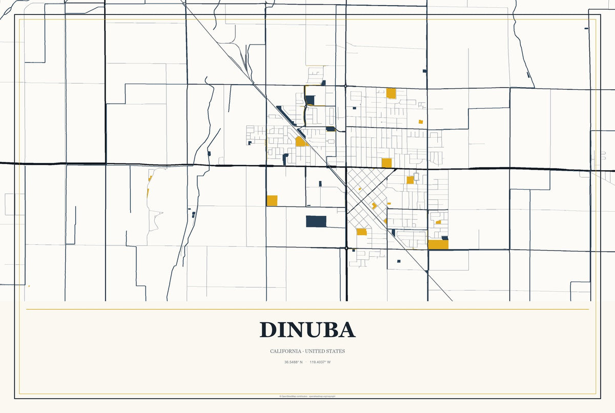 Dinuba, California City Map Aluminum Sign in Citrine Modern style