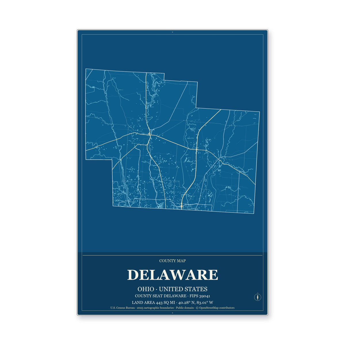 Delaware County, Ohio Map Aluminum Sign in Harbor Cobalt style