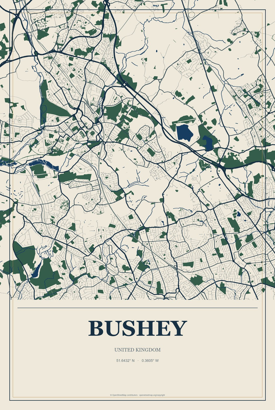 Bushey, United Kingdom City Map Aluminum Sign in Coastal Cutout style
