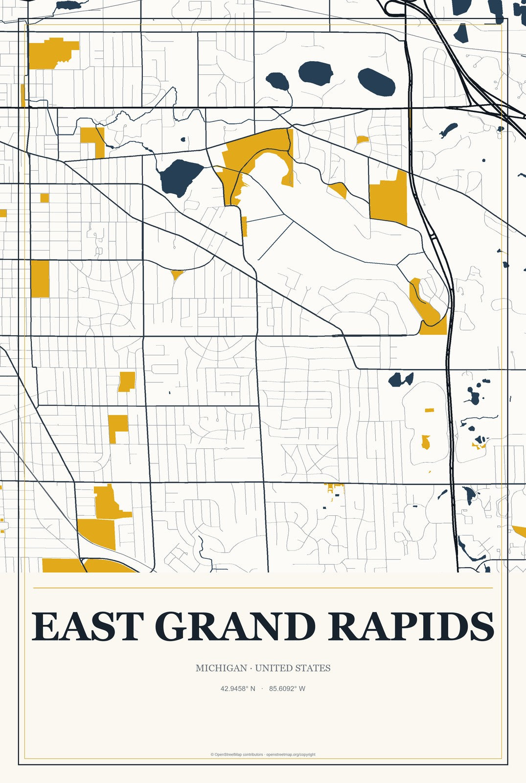 East Grand Rapids, Michigan City Map Aluminum Sign in Citrine Modern style