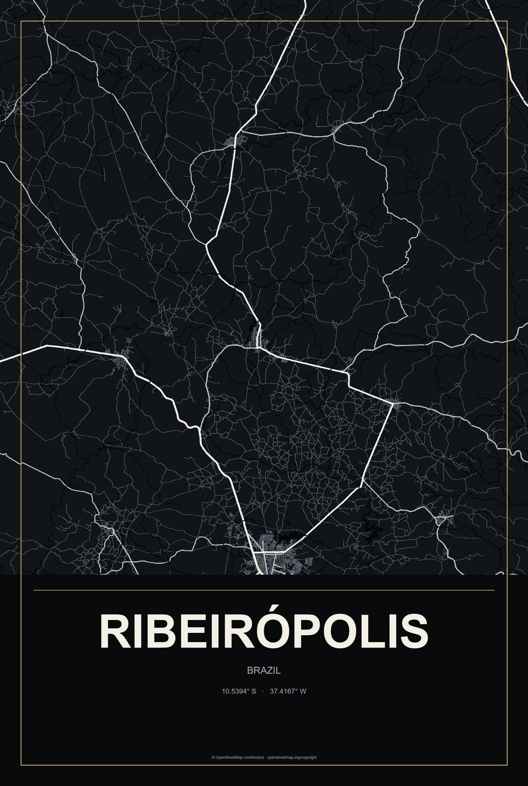 Ribeirópolis, Brazil City Map Aluminum Sign in Metropolitan Noir style