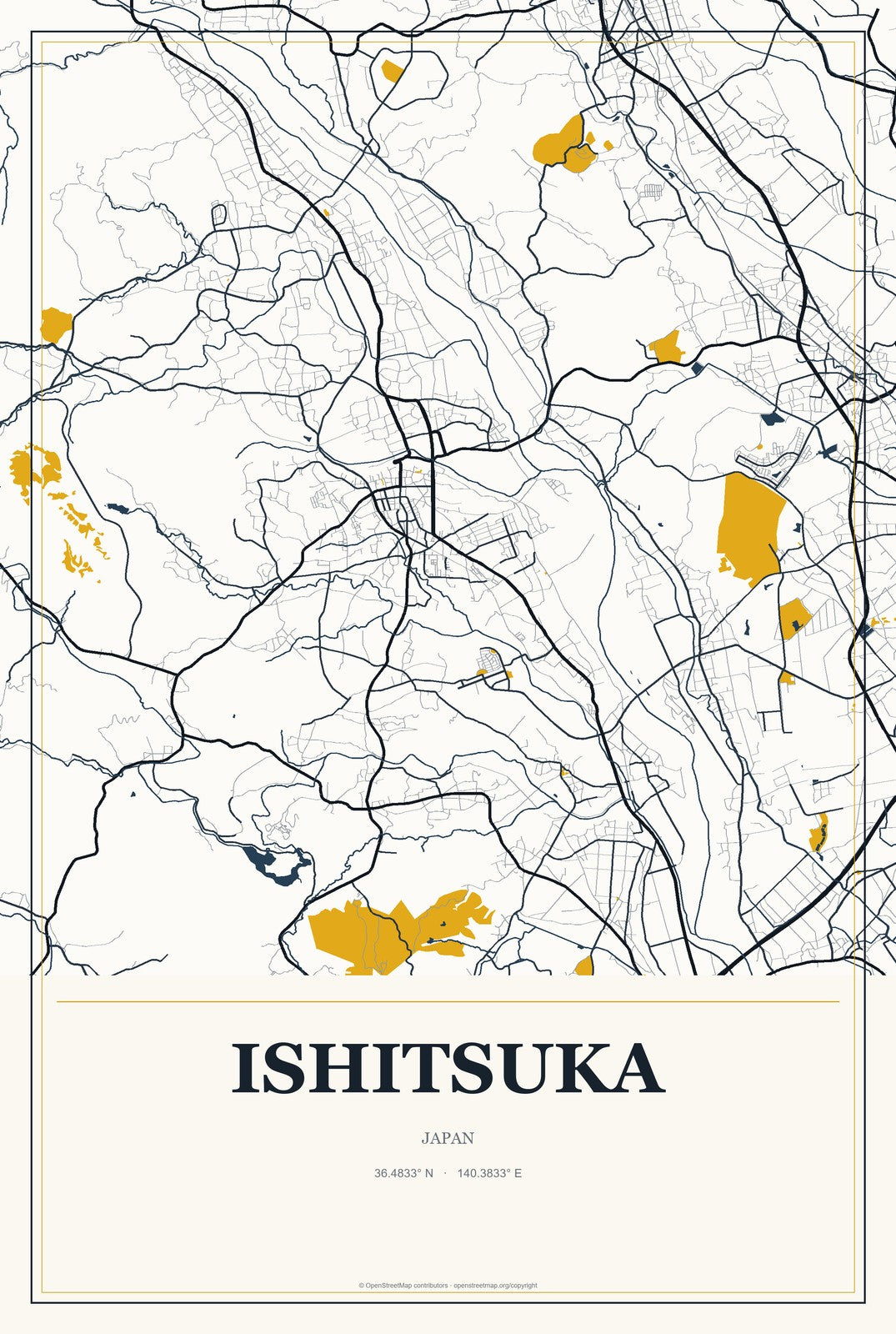 Ishitsuka, Japan City Map Aluminum Sign in Citrine Modern style
