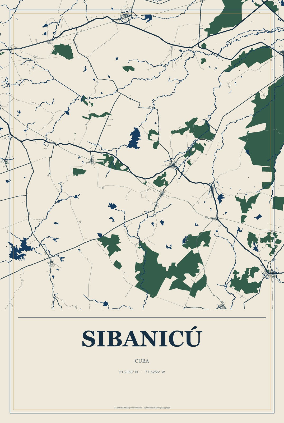 Sibanicú, Cuba City Map Aluminum Sign in Coastal Cutout style