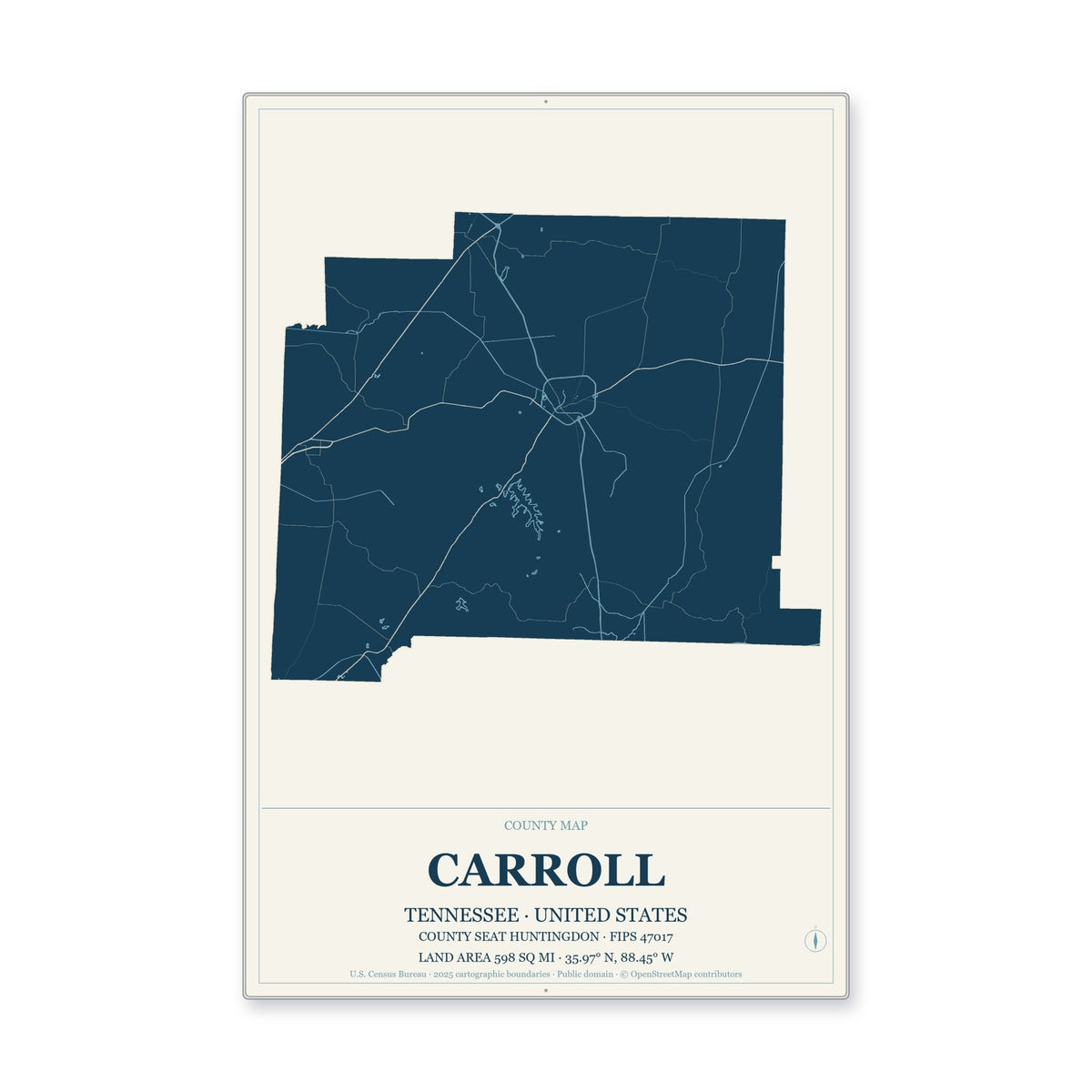 Carroll County, Tennessee Map Aluminum Sign in Coastal Cutout style