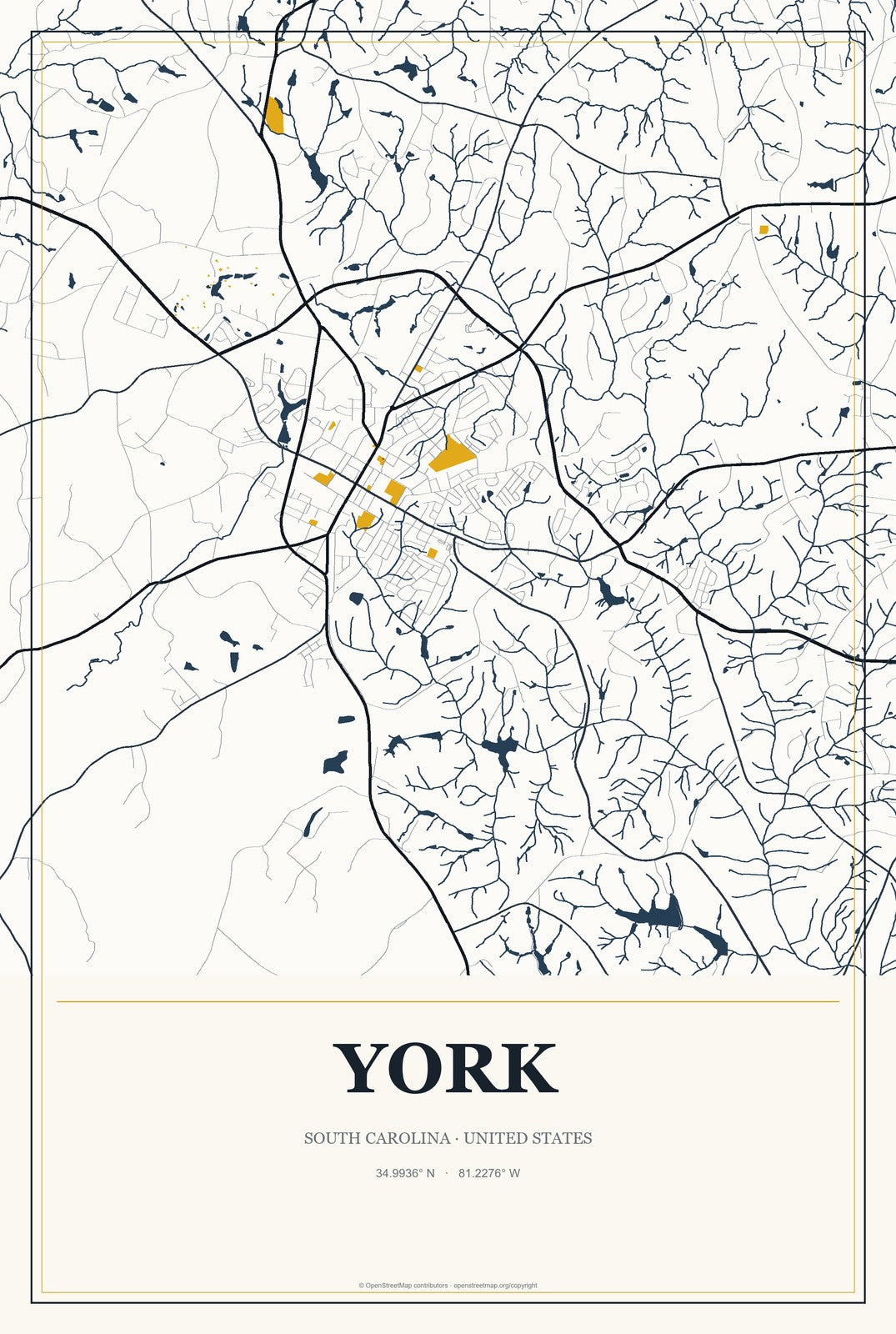York, South Carolina City Map Aluminum Sign in Citrine Modern style
