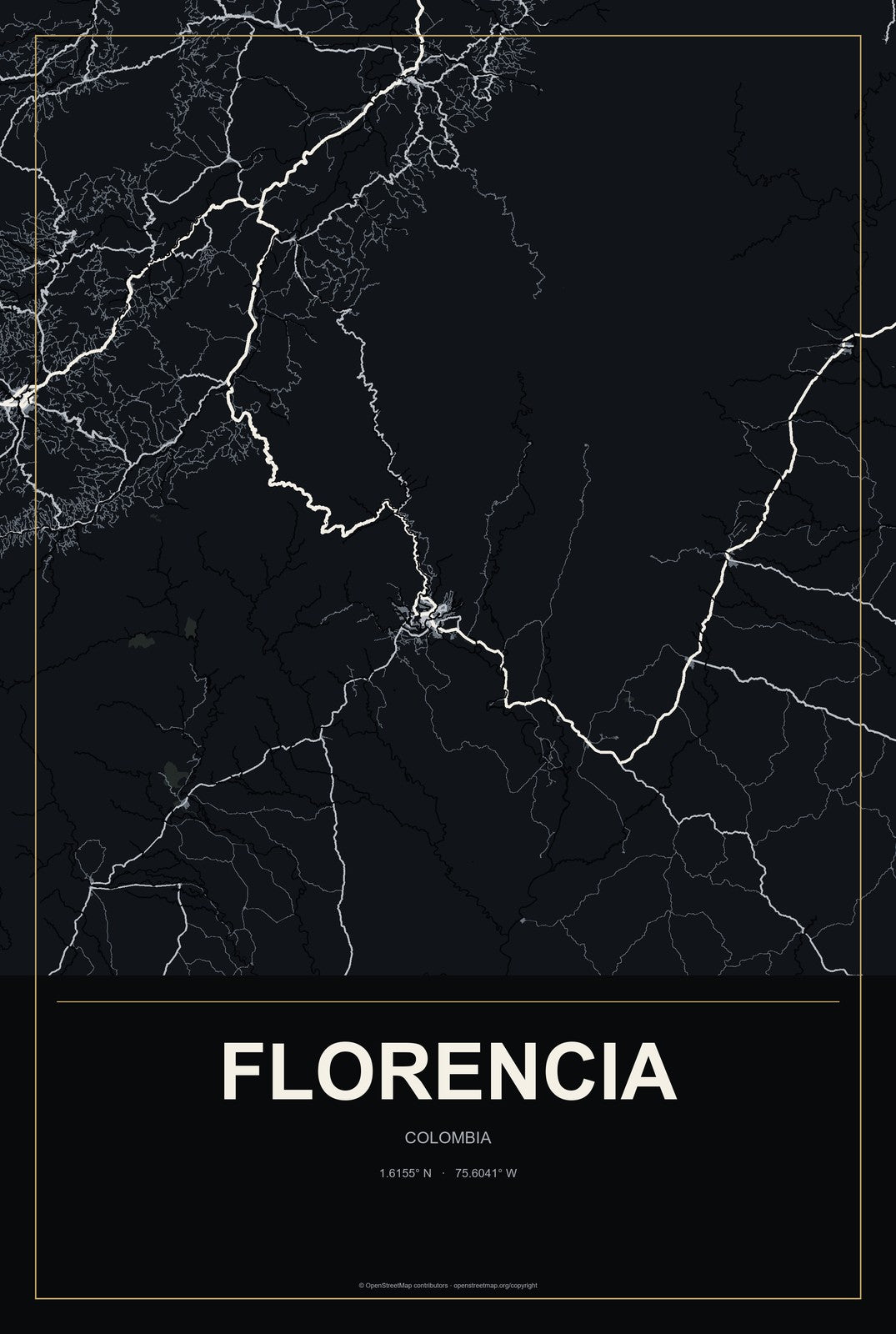 Florencia, Colombia City Map Aluminum Sign in Metropolitan Noir style