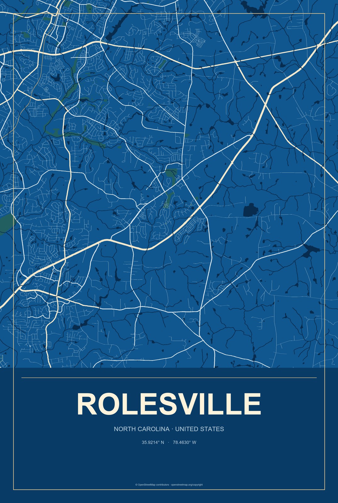 Rolesville, North Carolina City Map Aluminum Sign in Harbor Cobalt style
