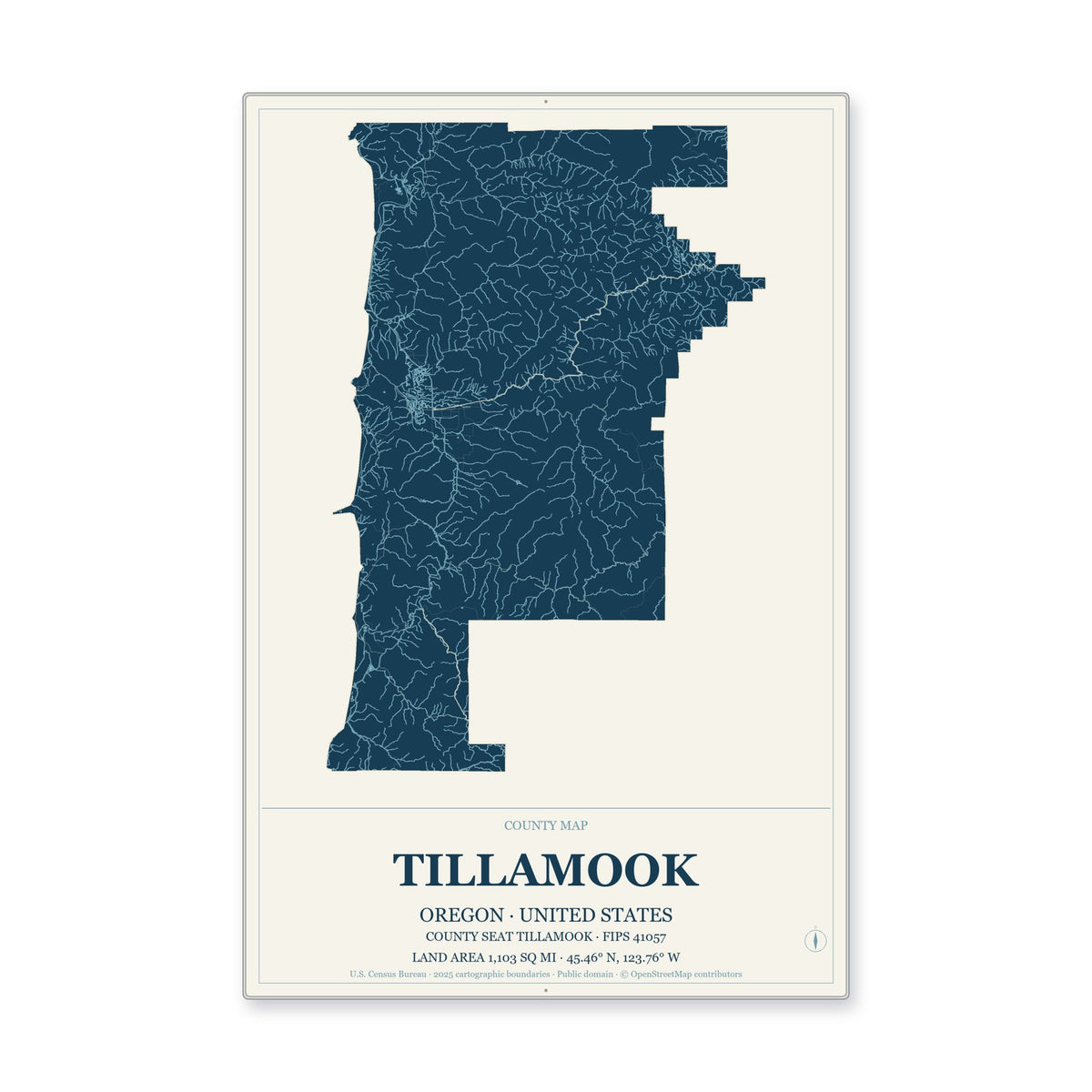 Tillamook County, Oregon Map Aluminum Sign in Coastal Cutout style