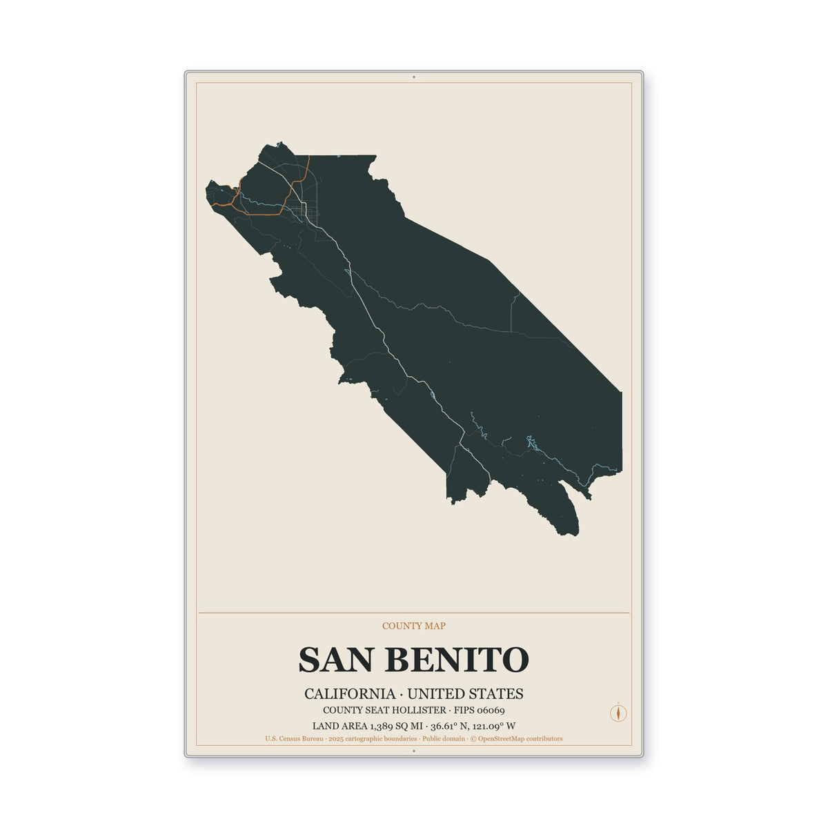 San Benito County, California Map Aluminum Sign in Headline Atlas style