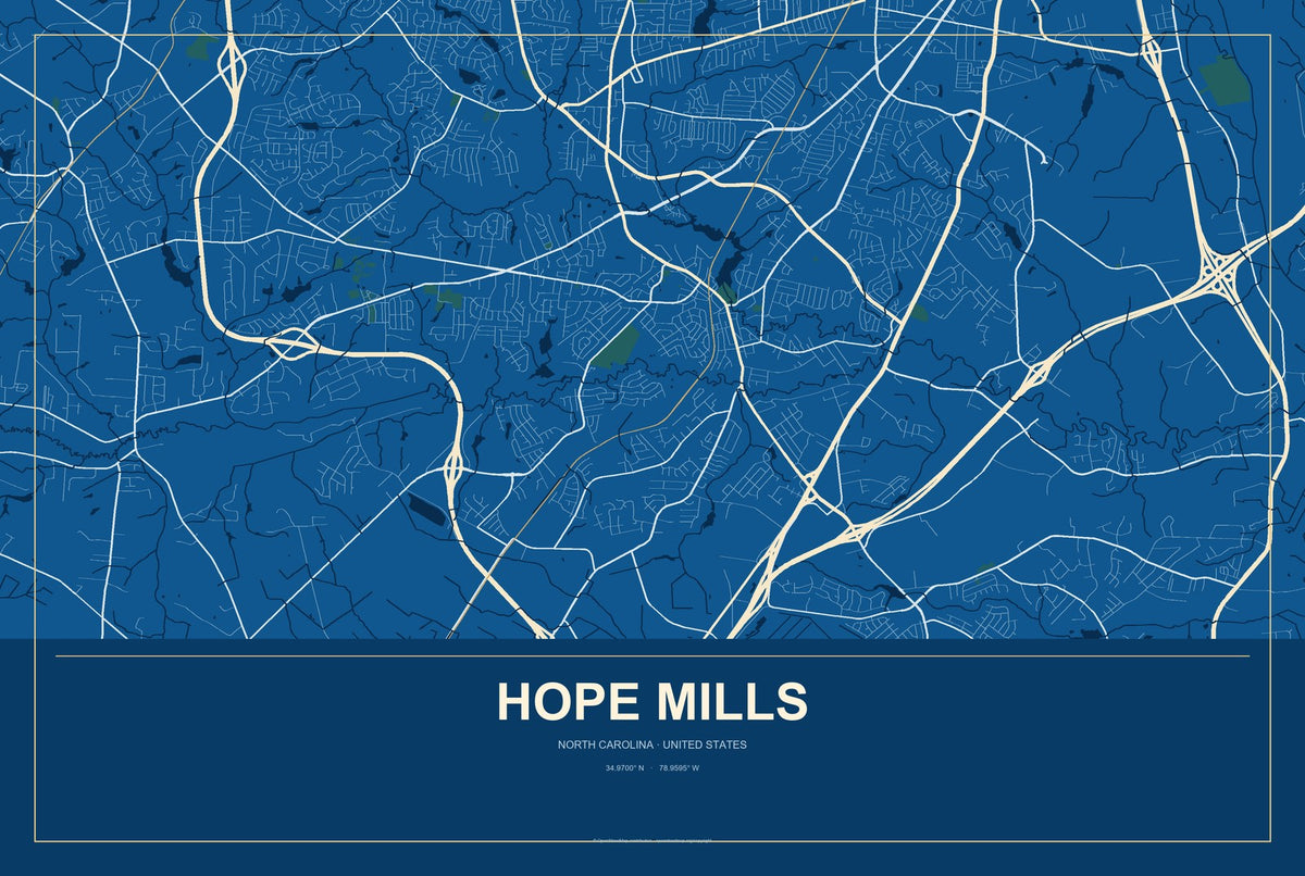 Hope Mills, North Carolina City Map Aluminum Sign in Harbor Cobalt style