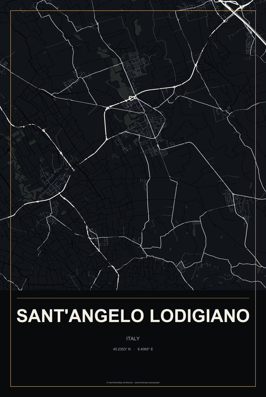Sant'Angelo Lodigiano, Italy City Map Aluminum Sign in Metropolitan Noir style