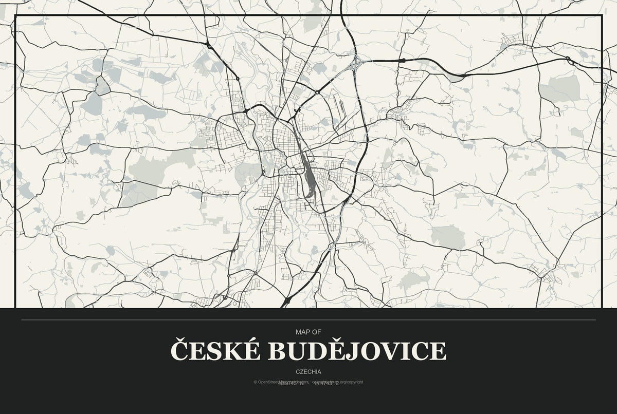 České Budějovice, Czechia City Map Aluminum Sign in Museum Plaque style