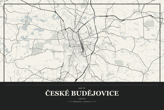 České Budějovice, Czechia City Map Aluminum Sign in Museum Plaque style