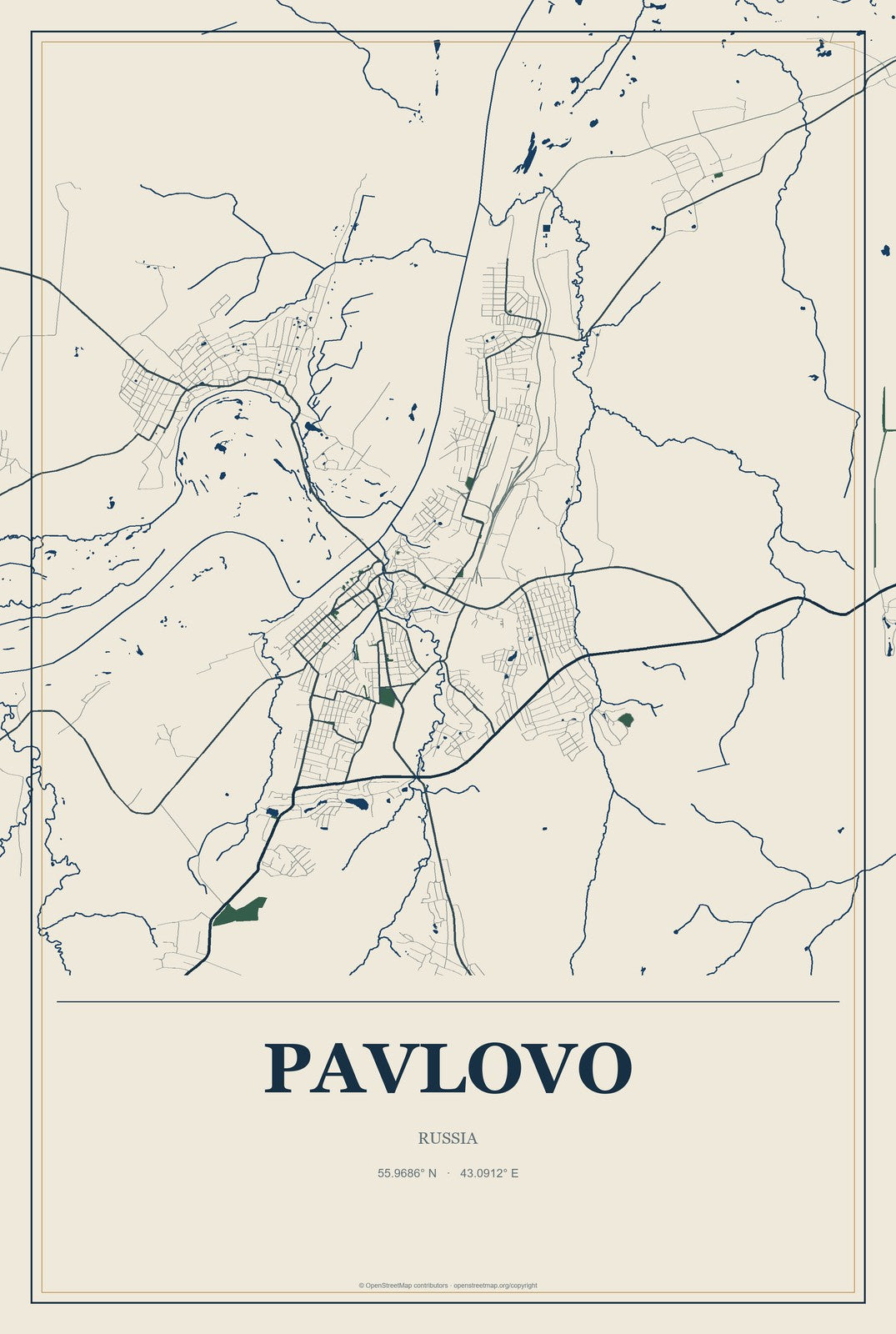 Pavlovo, Russia City Map Aluminum Sign in Coastal Cutout style