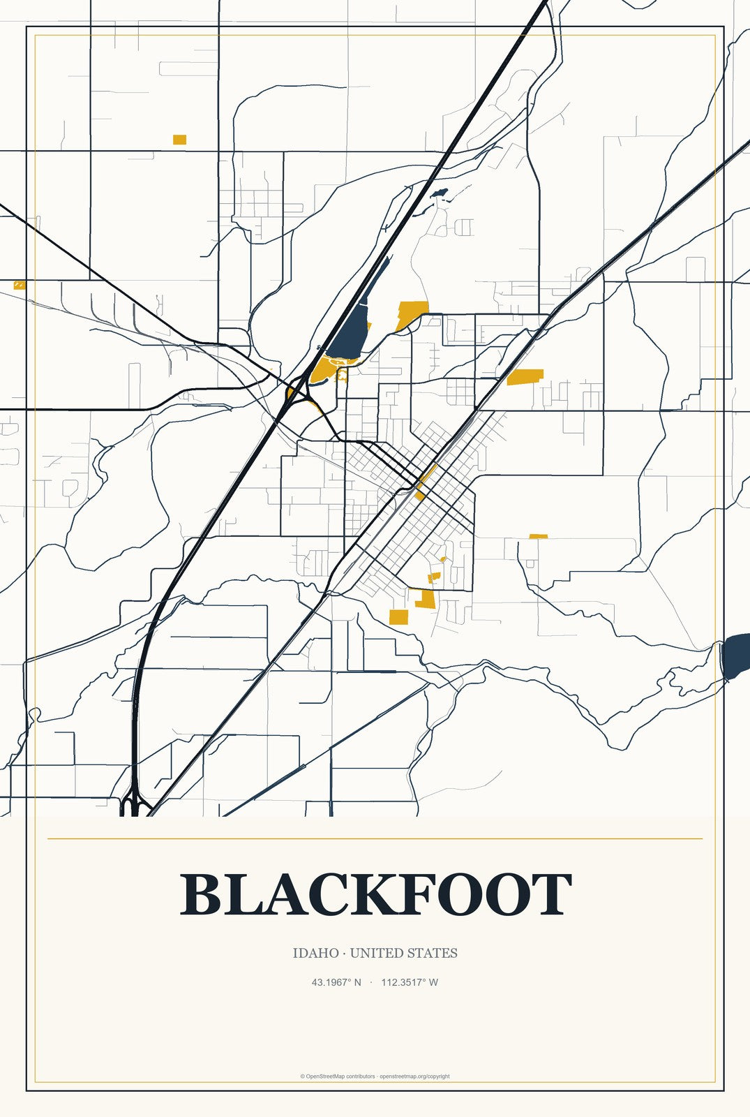 Blackfoot, Idaho City Map Aluminum Sign in Citrine Modern style