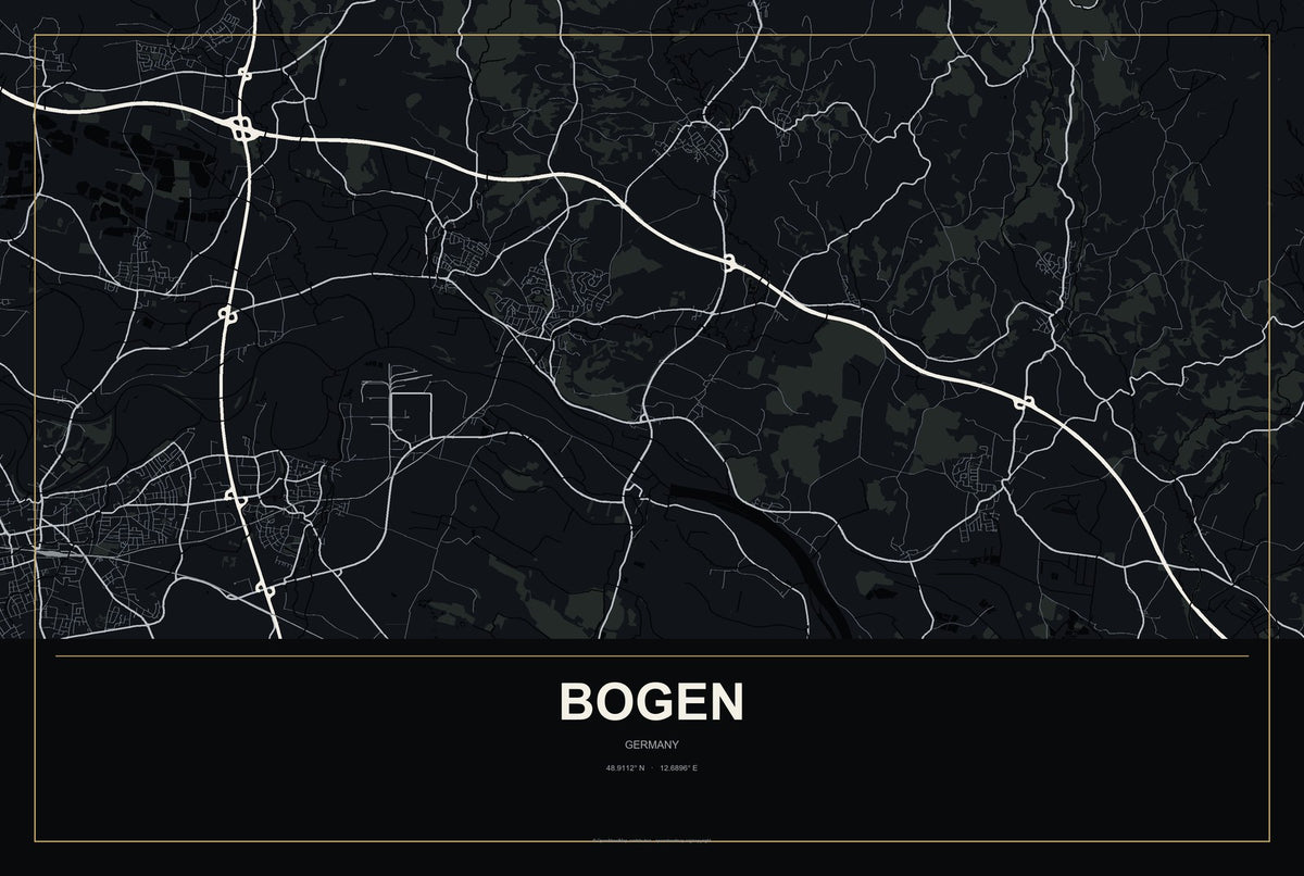 Bogen, Germany City Map Aluminum Sign in Metropolitan Noir style