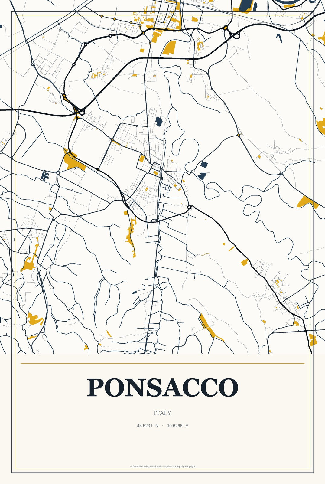 Ponsacco, Italy City Map Aluminum Sign in Citrine Modern style