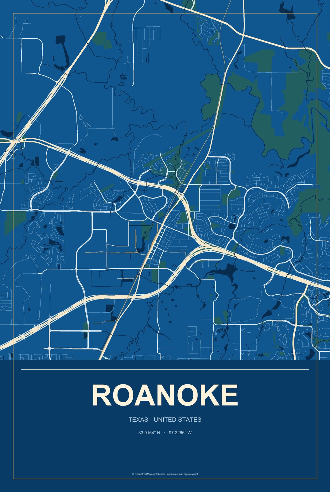 Roanoke, Texas City Map Aluminum Sign in Harbor Cobalt style
