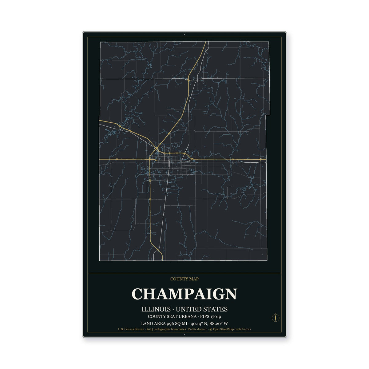 Champaign County, Illinois Map Aluminum Sign in Metropolitan Noir style