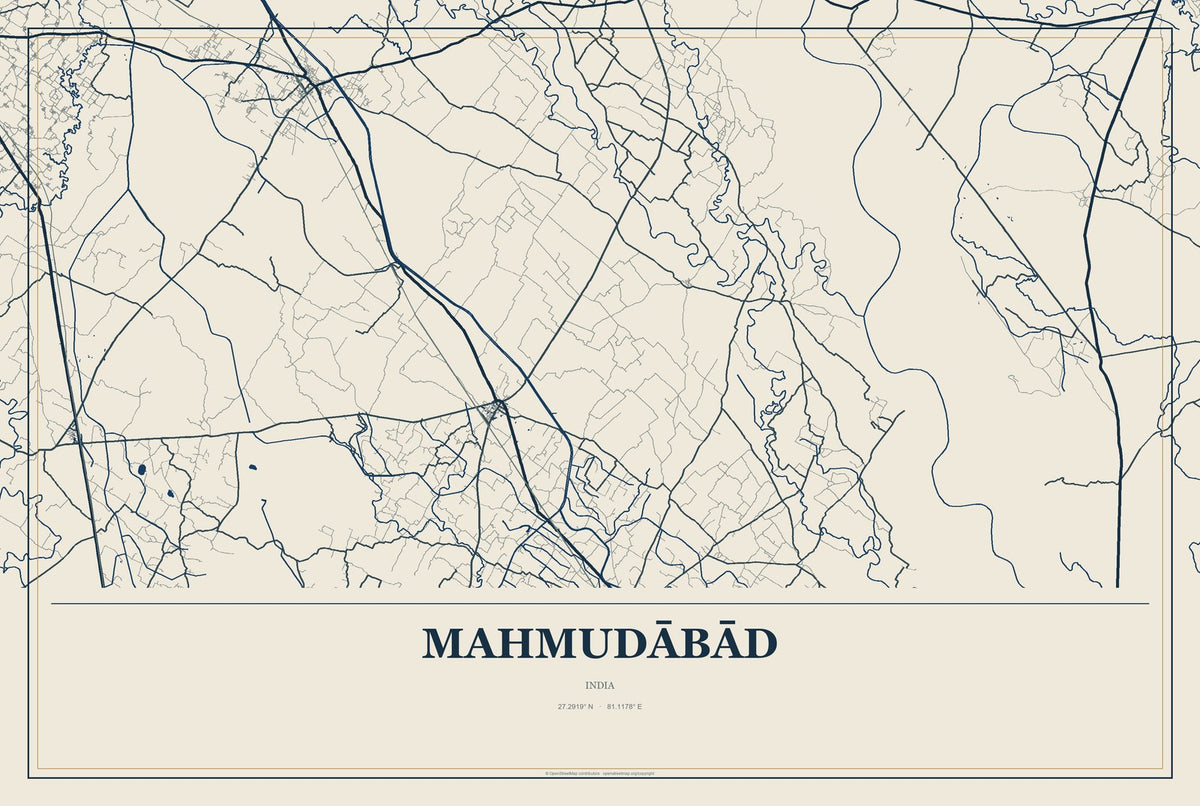 Mahmudābād, India City Map Aluminum Sign in Coastal Cutout style