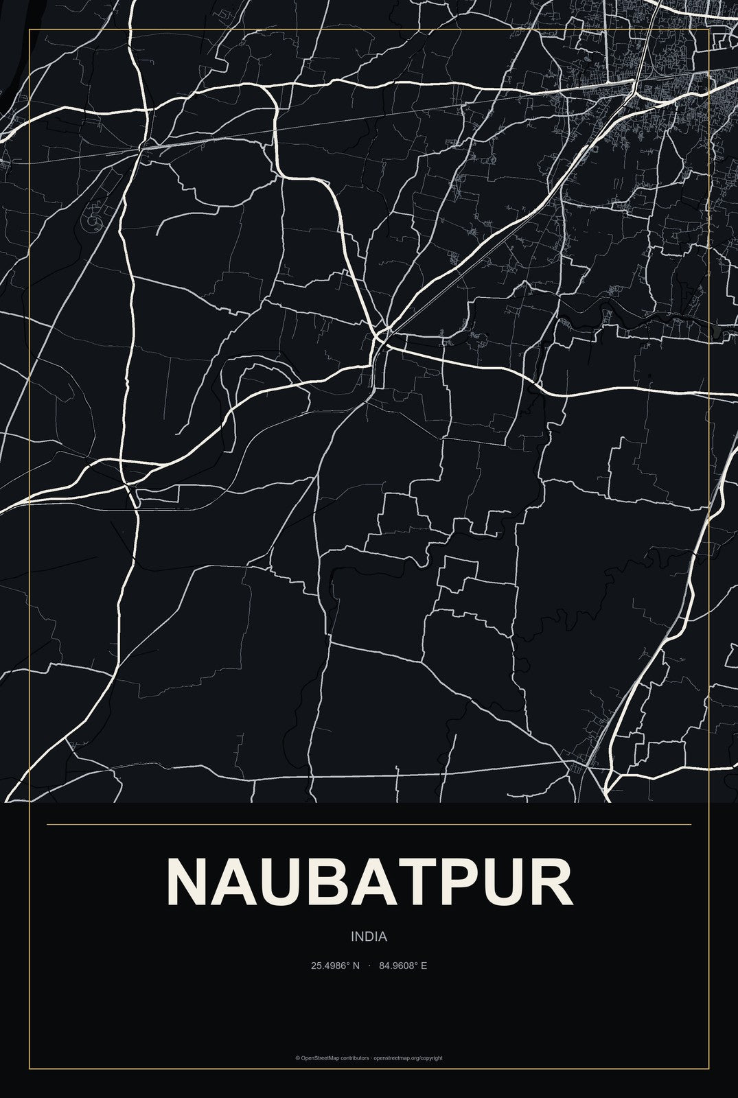 Naubatpur, India City Map Aluminum Sign in Metropolitan Noir style
