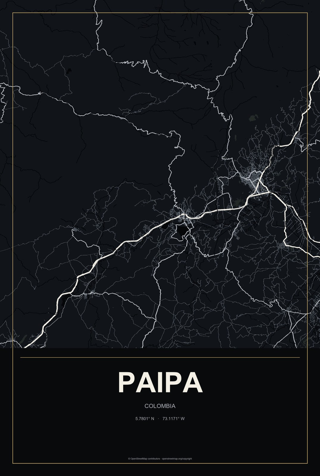 Paipa, Colombia City Map Aluminum Sign in Metropolitan Noir style