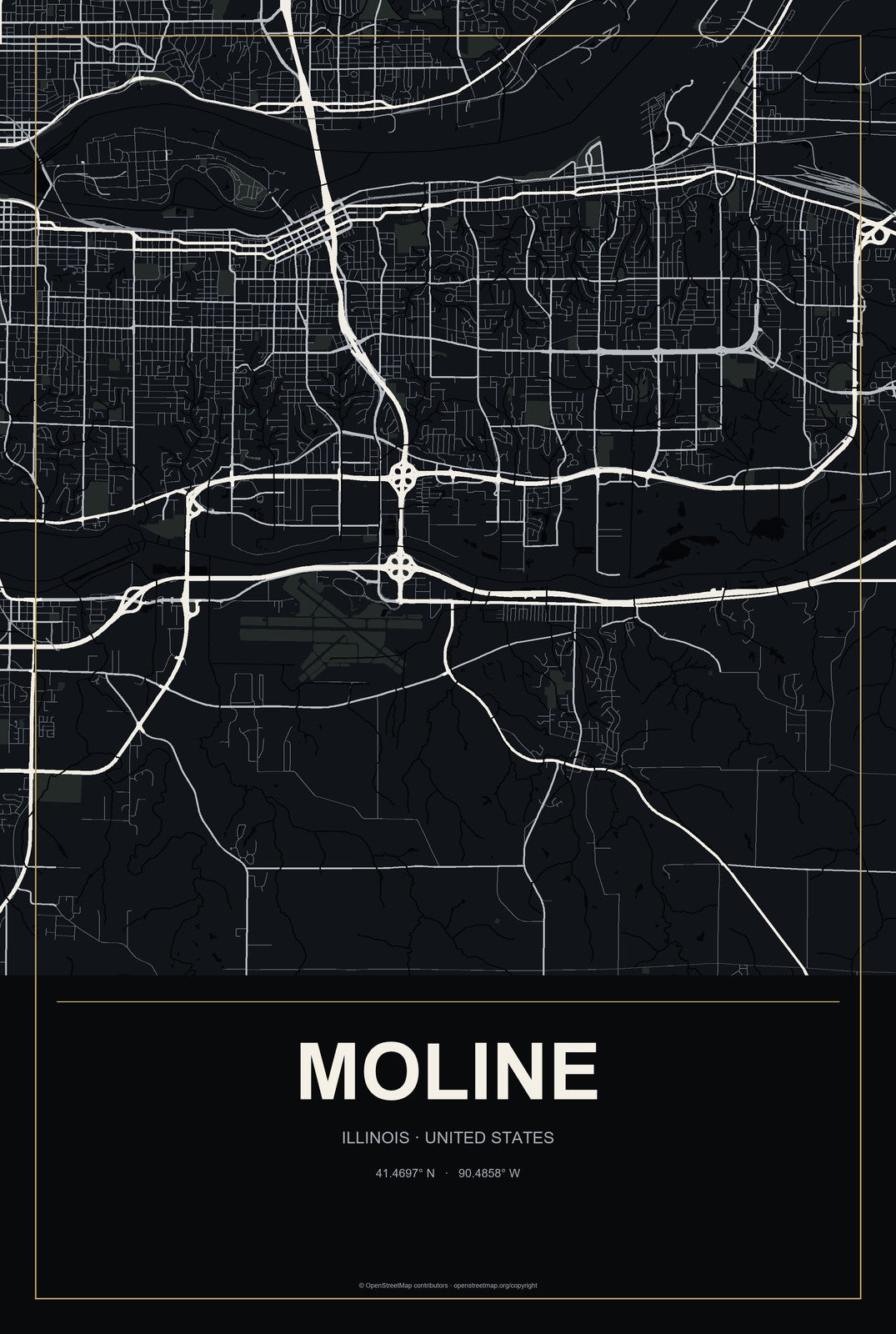 Moline, Illinois City Map Aluminum Sign in Metropolitan Noir style