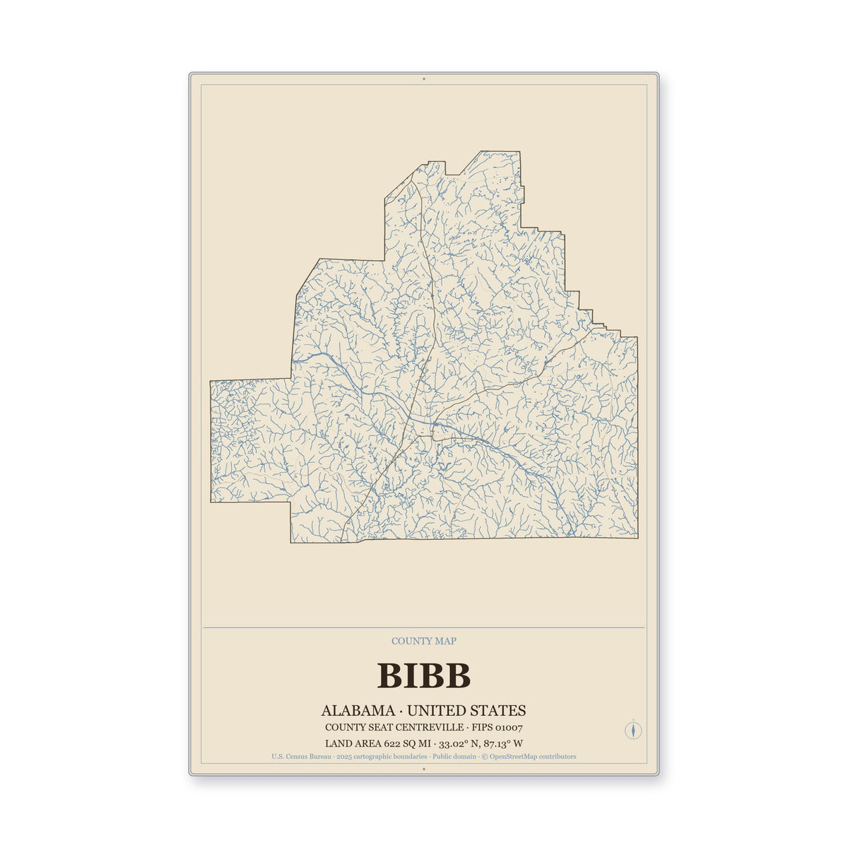 Bibb County, Alabama Map Aluminum Sign in Heritage Nautical style