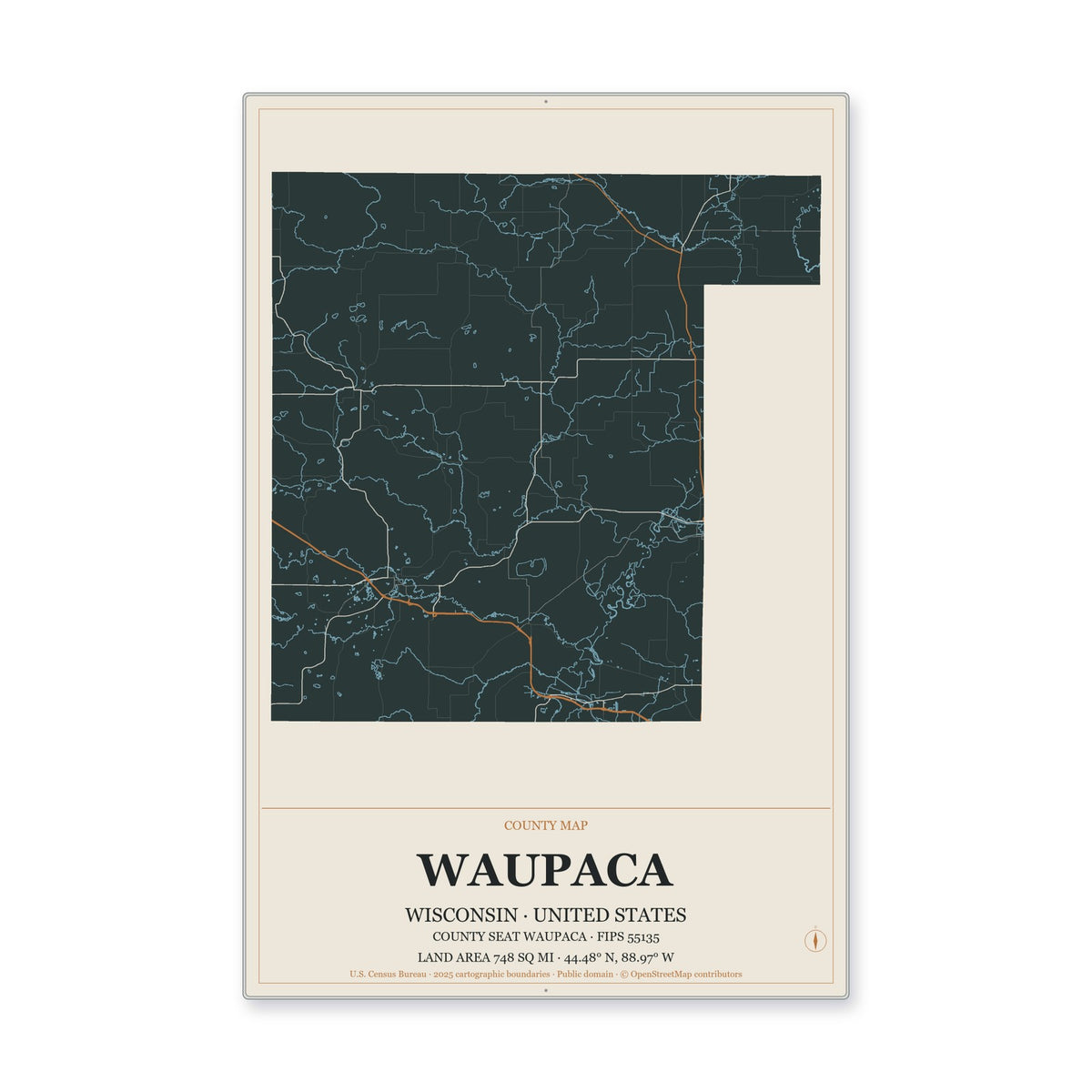 Waupaca County, Wisconsin Map Aluminum Sign in Headline Atlas style