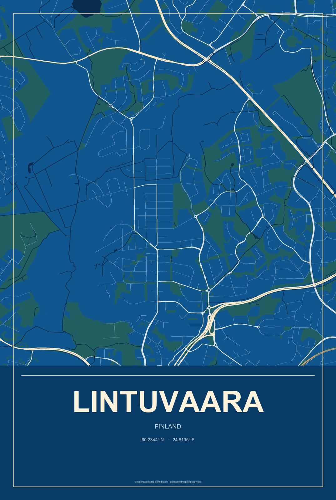 Lintuvaara, Finland City Map Aluminum Sign in Harbor Cobalt style