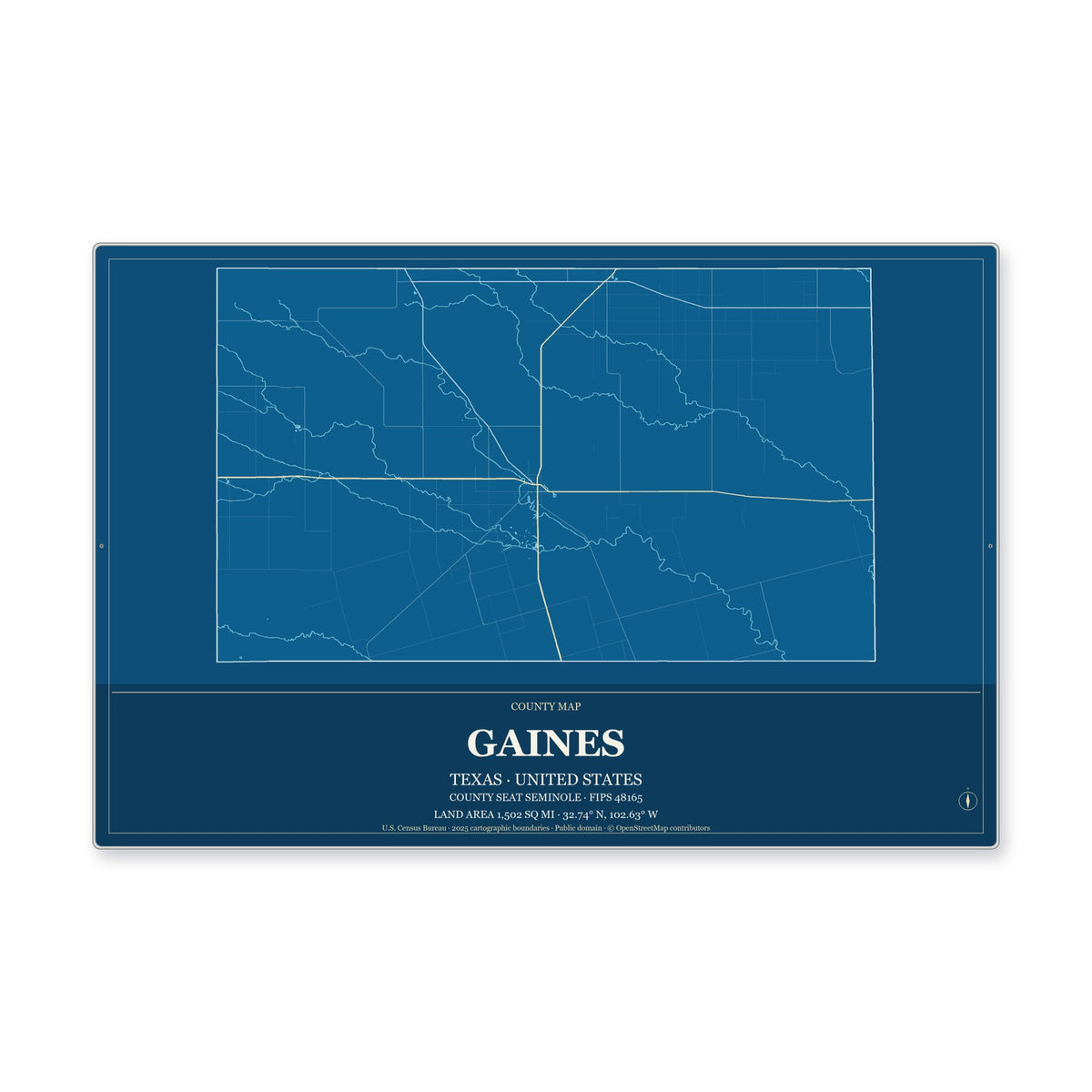 Gaines County, Texas Map Aluminum Sign in Harbor Cobalt style