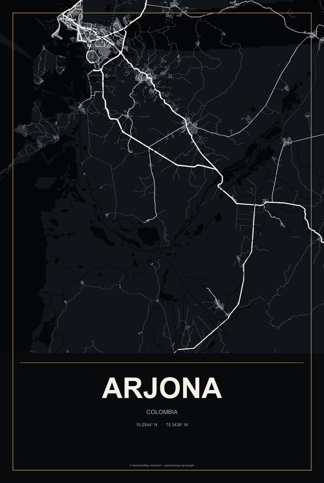 Arjona, Colombia City Map Aluminum Sign in Metropolitan Noir style