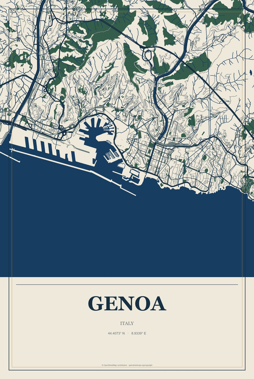 Genoa, Italy City Map Aluminum Sign in Coastal Cutout style