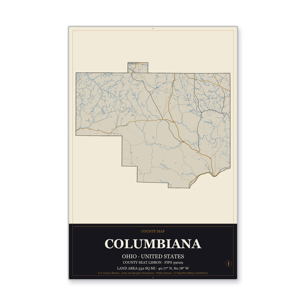 Columbiana County, Ohio Map Aluminum Sign in Museum Plaque style