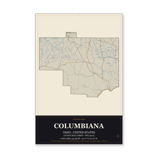 Columbiana County, Ohio Map Aluminum Sign in Museum Plaque style