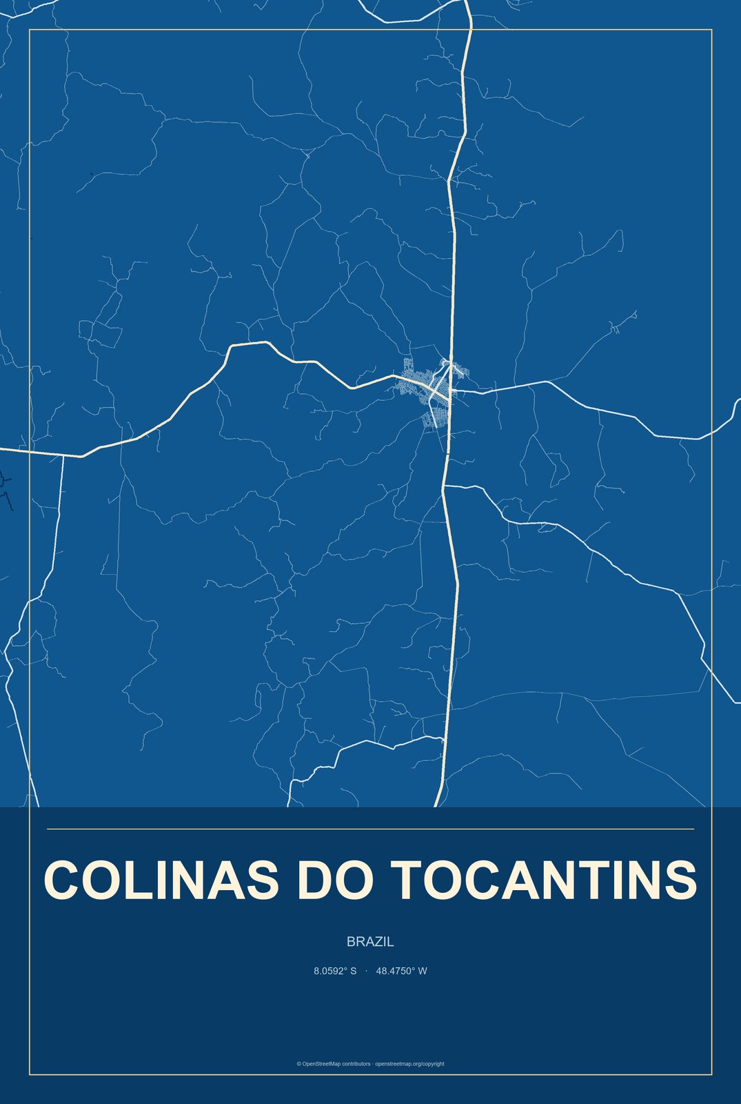 Colinas do Tocantins, Brazil City Map Aluminum Sign in Harbor Cobalt style