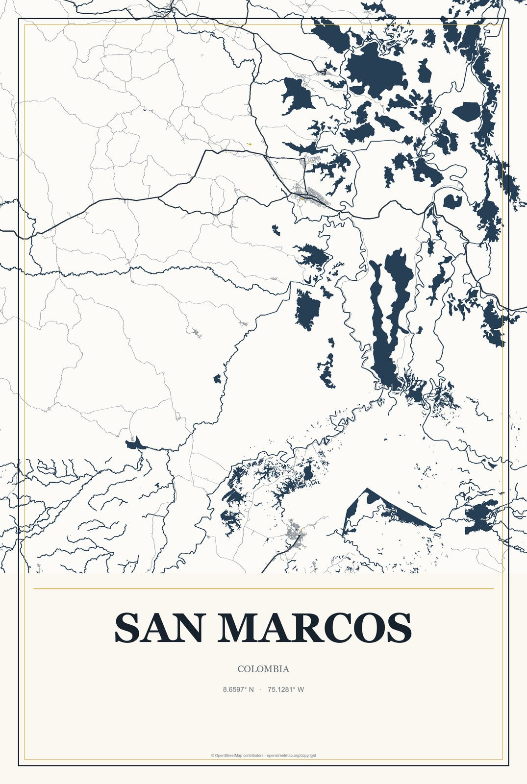 San Marcos, Colombia City Map Aluminum Sign in Citrine Modern style