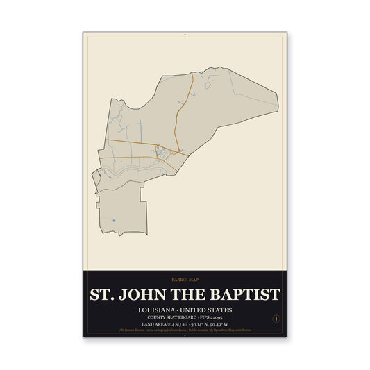 St. John the Baptist Parish, Louisiana Map Aluminum Sign in Museum Plaque style
