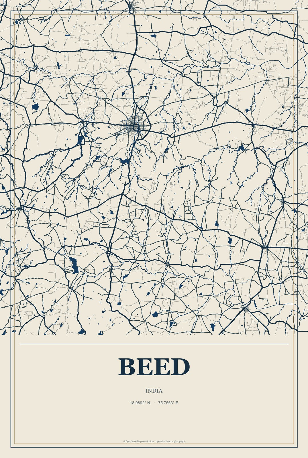 Beed, India City Map Aluminum Sign in Coastal Cutout style