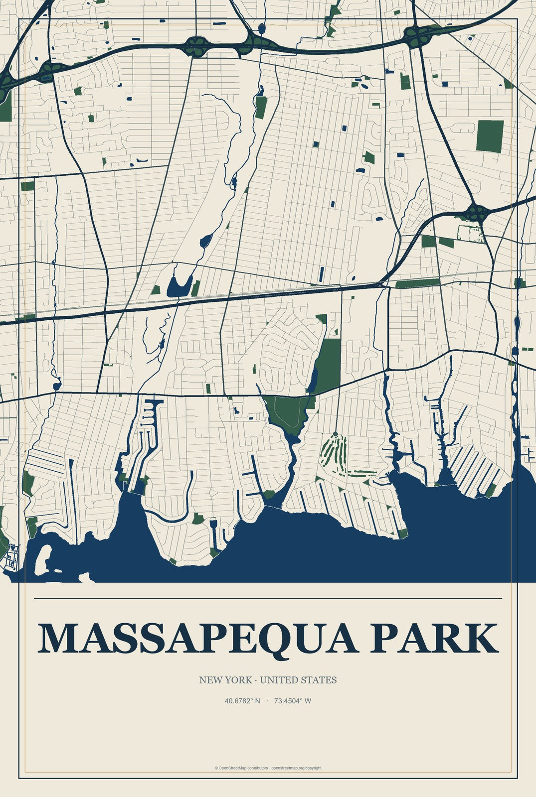 Massapequa Park, New York City Map Aluminum Sign in Coastal Cutout style