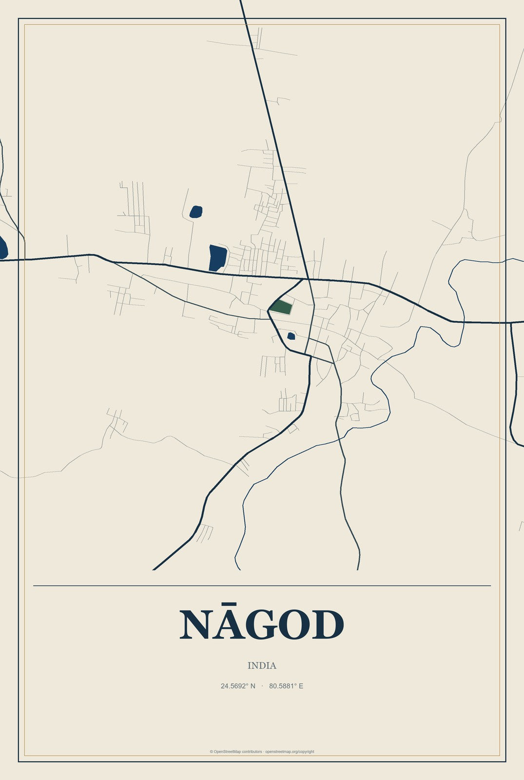 Nāgod, India City Map Aluminum Sign in Coastal Cutout style