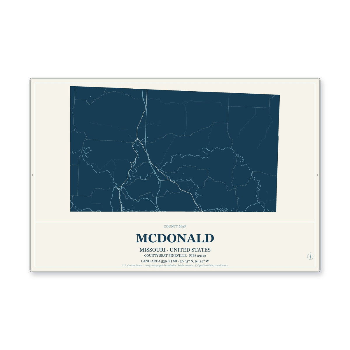 McDonald County, Missouri Map Aluminum Sign in Coastal Cutout style