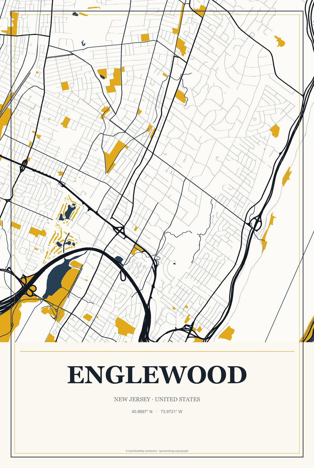 Englewood, New Jersey City Map Aluminum Sign in Citrine Modern style