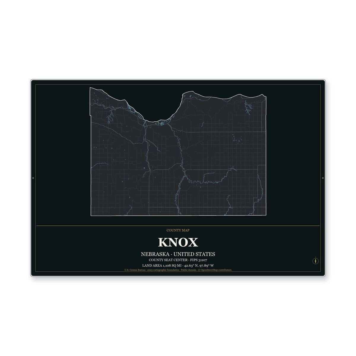 Knox County, Nebraska Map Aluminum Sign in Metropolitan Noir style