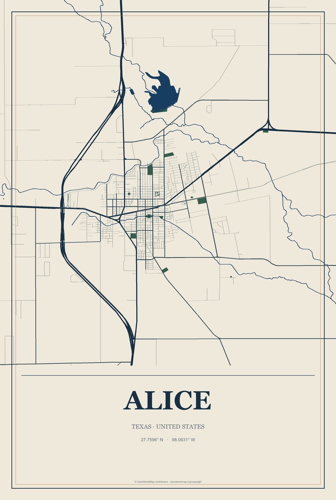 Alice, Texas City Map Aluminum Sign in Coastal Cutout style